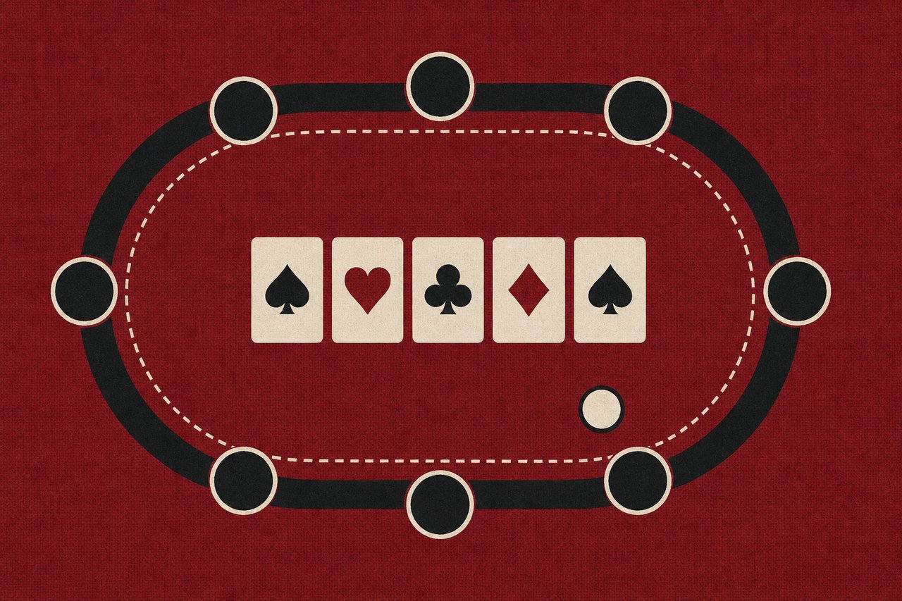 Illustration of a poker table seen from above, with nine seats, a dealer button and five community cards