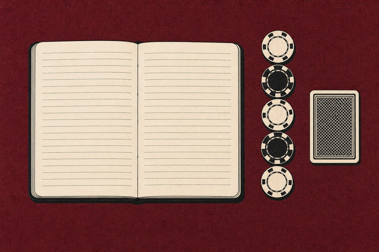 Illustration of an open blank notebook beside a column of poker chips and a face-down playing card on red felt