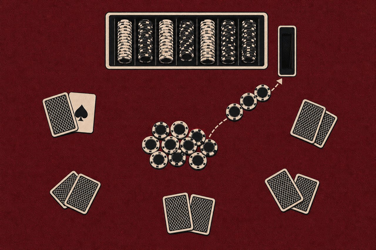 Illustration of a dealer chip tray and a drop-box slot with chips moving from the pot towards it
