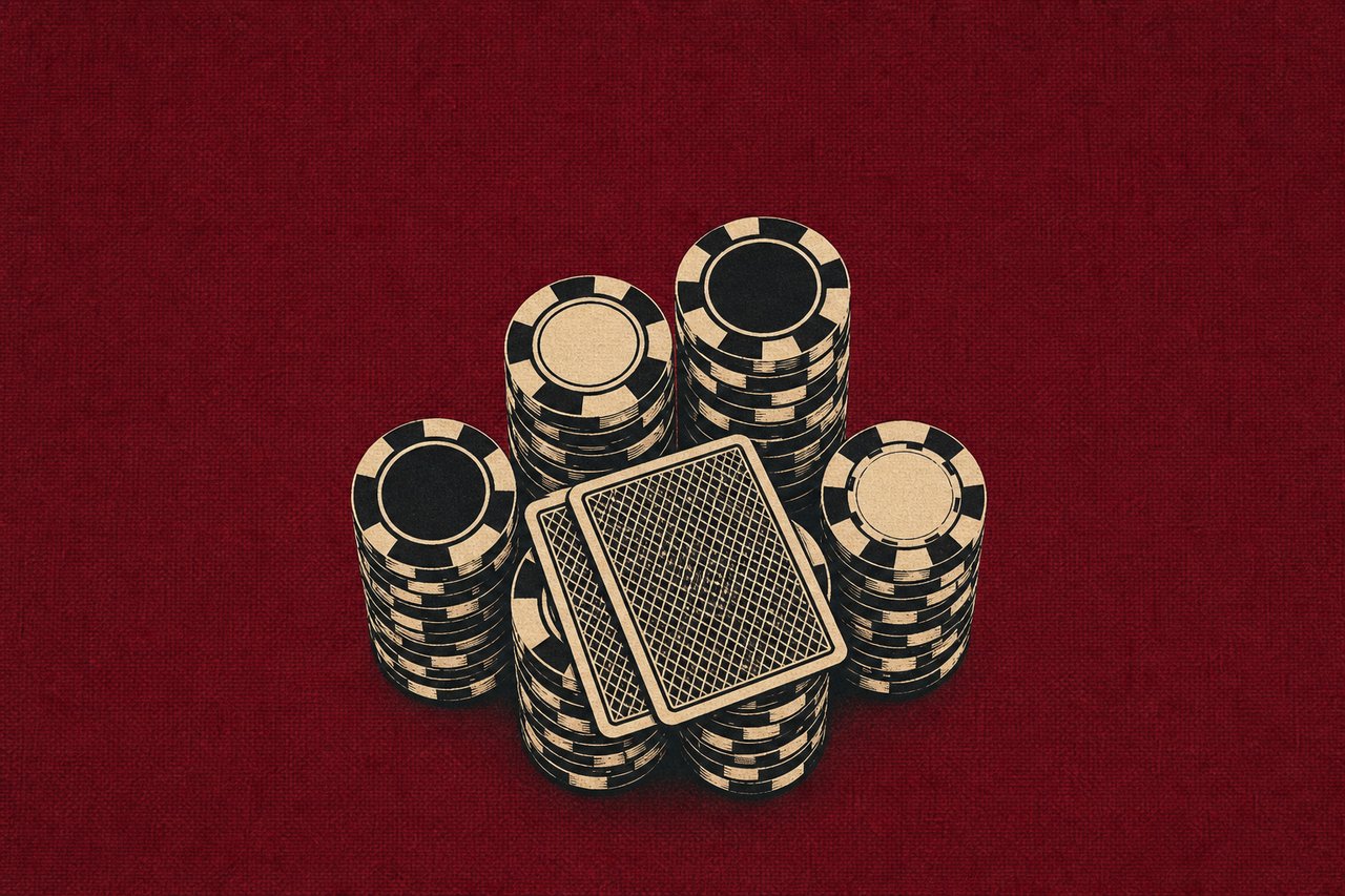 Illustration of a large stack of poker chips at one seat of a high-stakes table